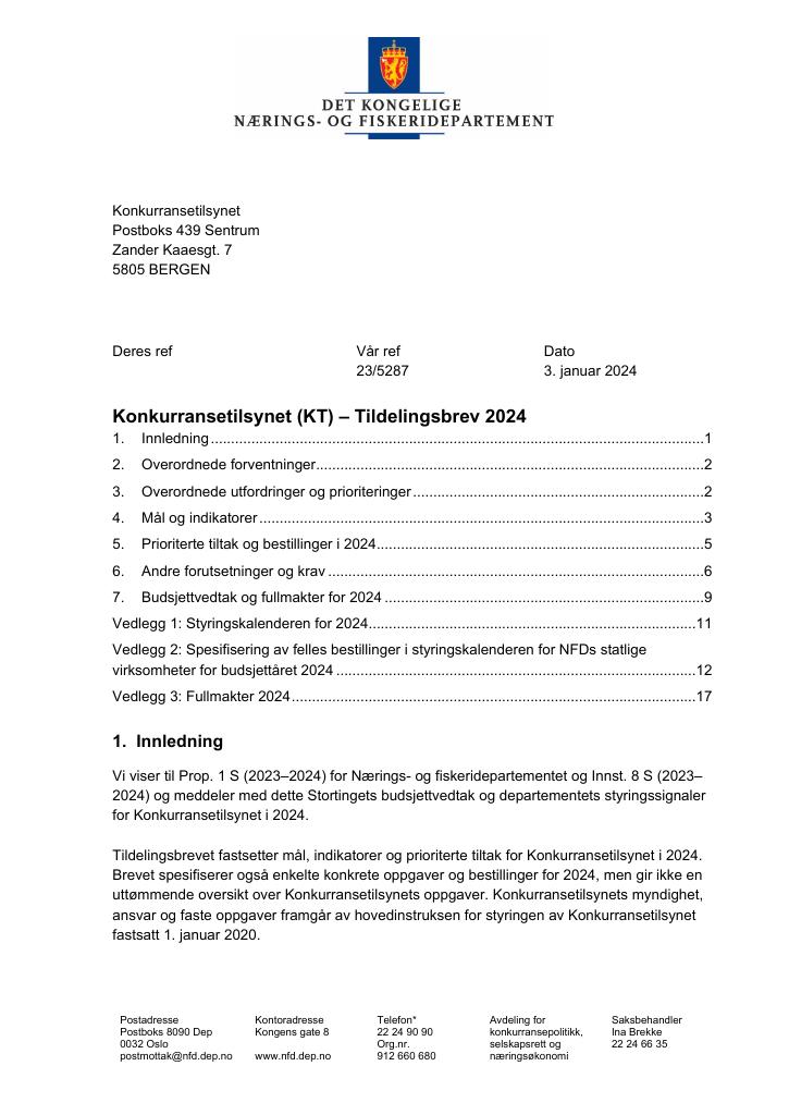 Forsiden av dokumentet Tildelingsbrev Konkurransetilsynet 2024