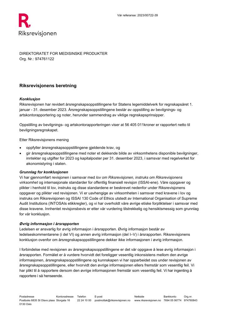 Forsiden av dokumentet Revisjonsberetning 2023