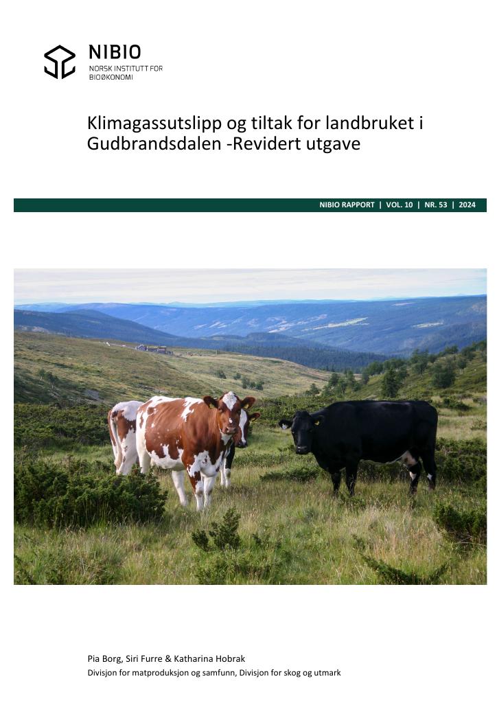 Forsiden av dokumentet Klimagassutslipp og tiltak for landbruket i Gudbrandsdalen – Revidert utgave