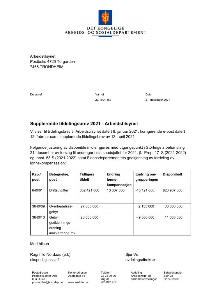 Forsiden av dokumentet Tildelingsbrev Arbeidstilsynet 2022 - tillegg nr. 8