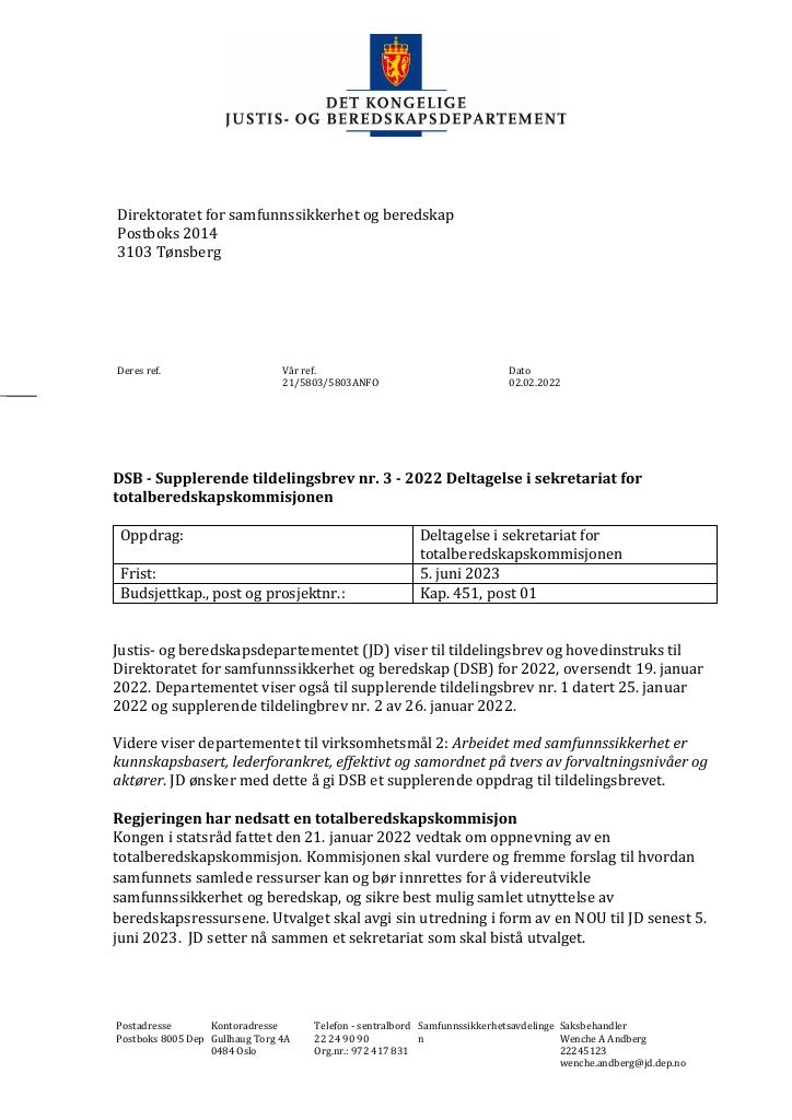 Forsiden av dokumentet Supplerende tildelingsbrev Direktoratet for samfunnssikkerhet og beredskap 2022 - tillegg nr. 3