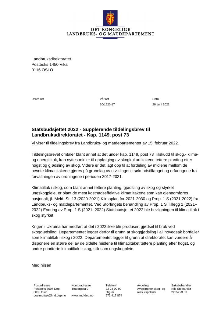Forsiden av dokumentet Tildelingsbrev Landbruksdirektoratet 2022 - tillegg