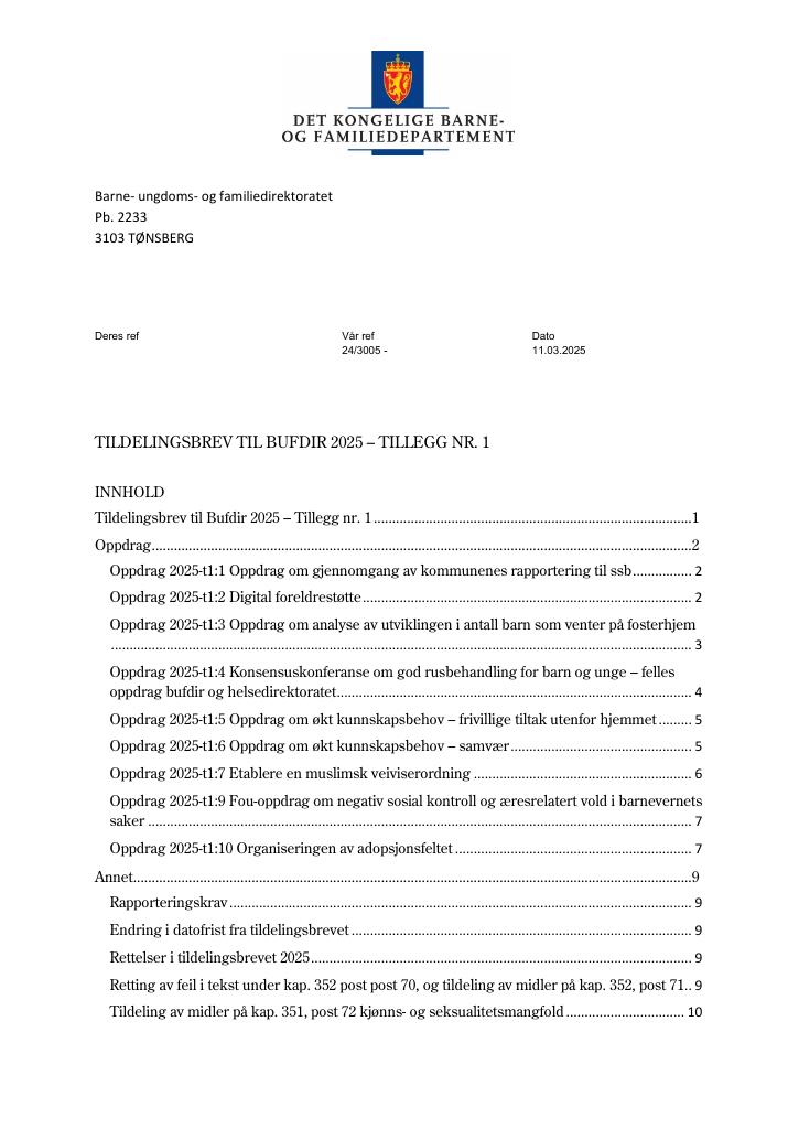 Forsiden av dokumentet Tildelingsbrev Bufdir 2025 - tillegg nr. 1