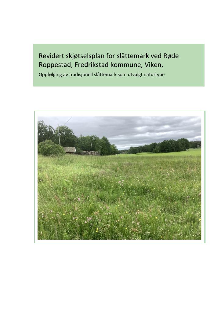 Forsiden av dokumentet Revidert skjøtselsplan for slåttemark ved Røde Roppestad, Fredrikstad kommune, Viken