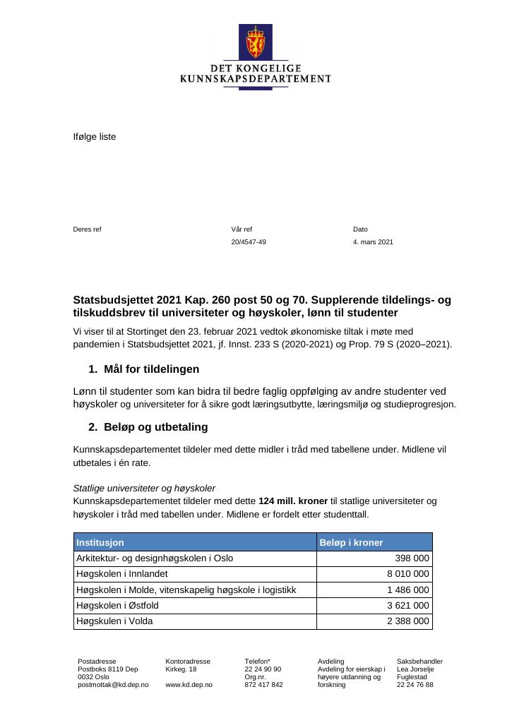 Forsiden av dokumentet Tildelings- og tilskuddsbrev Universiteter og høyskoler 2021 - tillegg