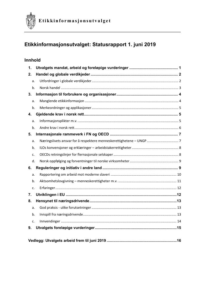 Forsiden av dokumentet Etikkinformasjonsutvalgets statusrapport – juni 2019