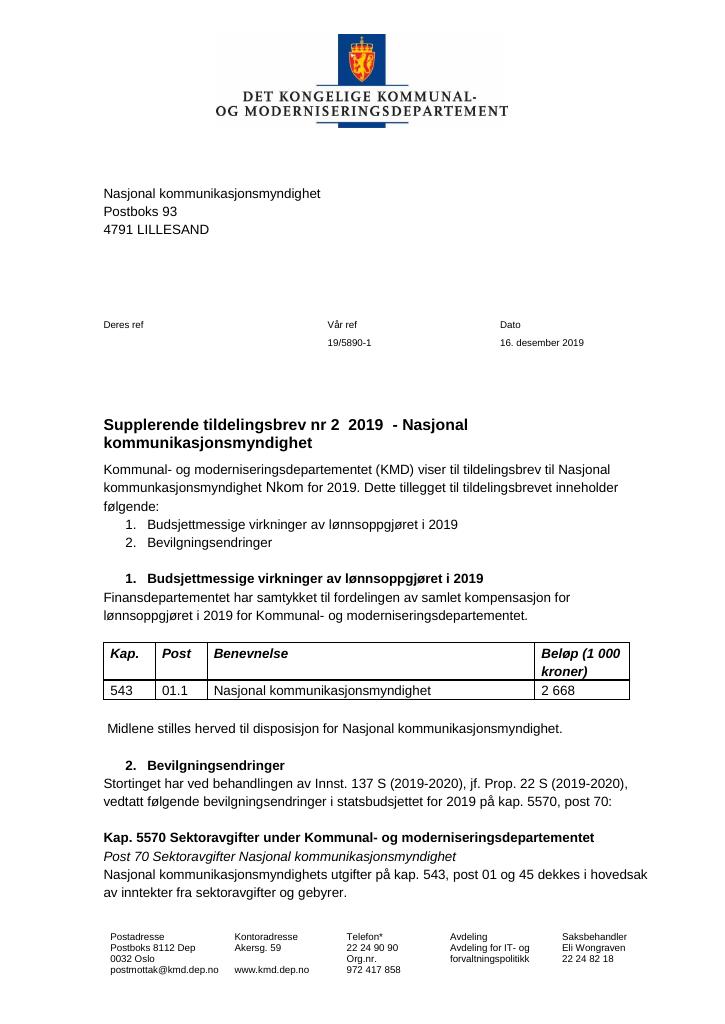 Forsiden av dokumentet Supplerende tildelingsbrev nr. 2 Nasjonal kommunikasjonsmyndighet 2019