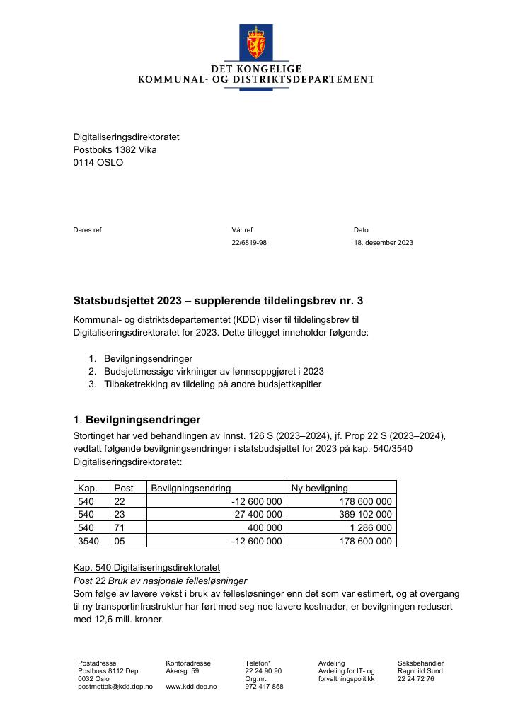 Forsiden av dokumentet tilleggsbrev 3(pdf) 2023