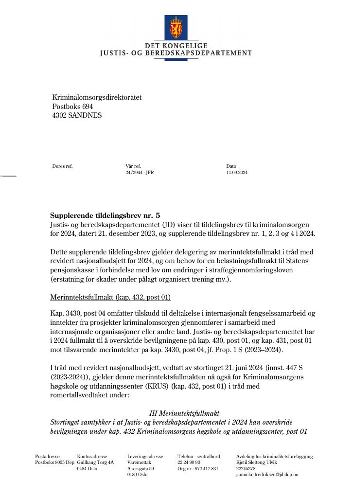 Forsiden av dokumentet Tildelingsbrev Kriminalomsorgen 2024 - tillegg nr. 5