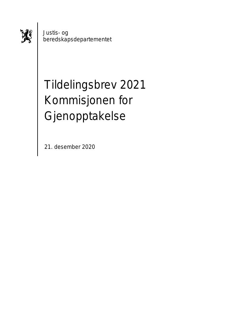 Forsiden av dokumentet Tildelingsbrev Kommisjonen for gjenopptakelse 2021