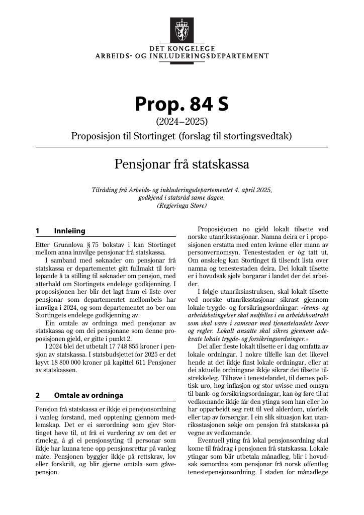 Forsiden av dokumentet Prop. 84 S (2024–2025)