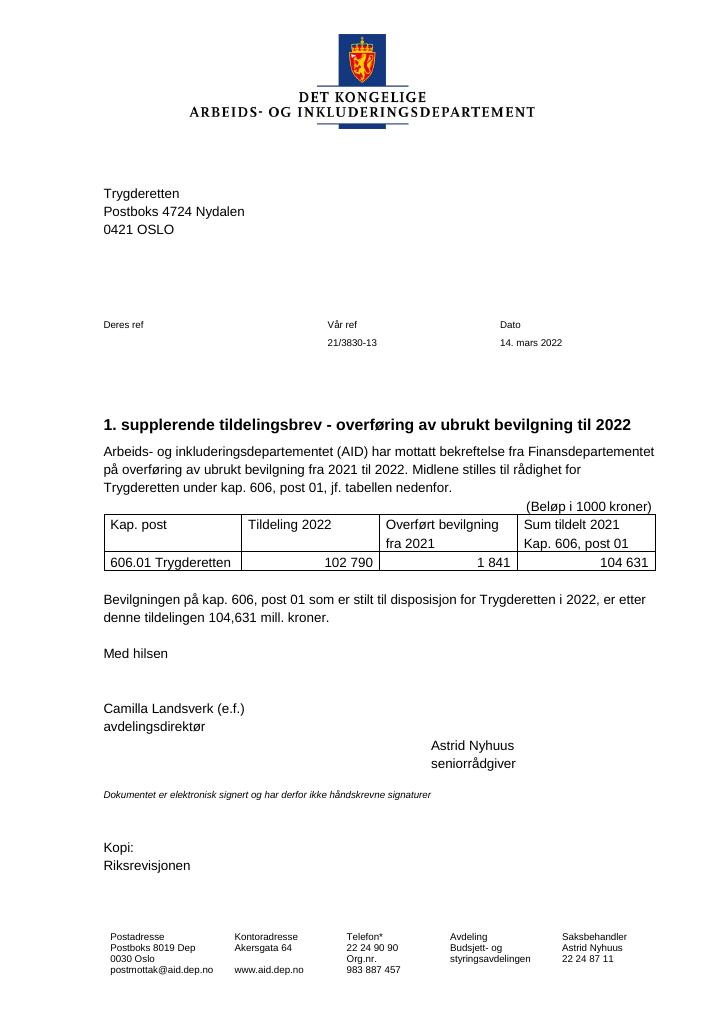 Forsiden av dokumentet Tildelingsbrev Trygderetten 2022 - tillegg nr. 1