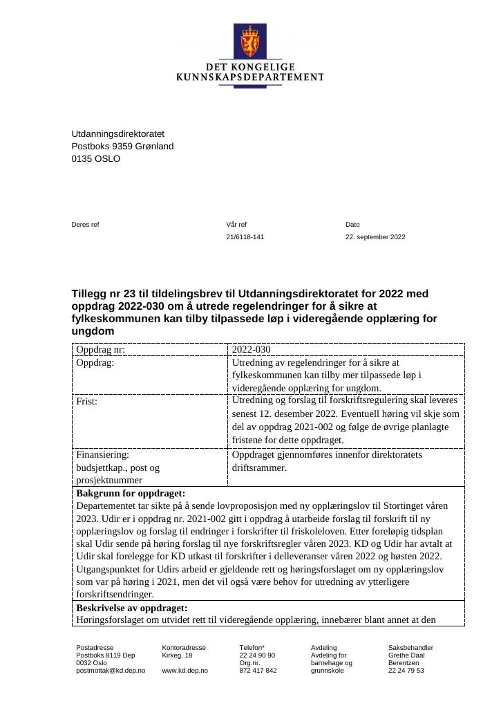 Forsiden av dokumentet Tildelingsbrev Utdanningsdirektoratet 2022 - tillegg nr. 23