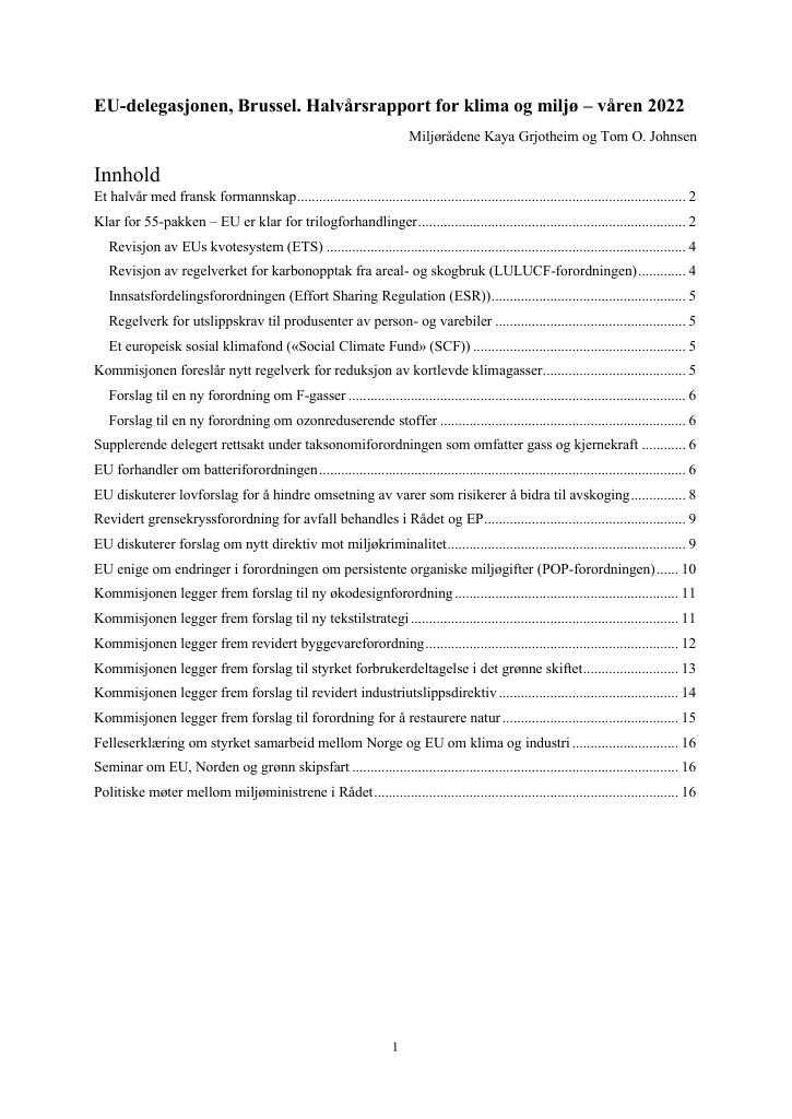 Forsiden av dokumentet EU-delegasjonen, Brussel. Halvårsrapport for klima og miljø – våren 2022