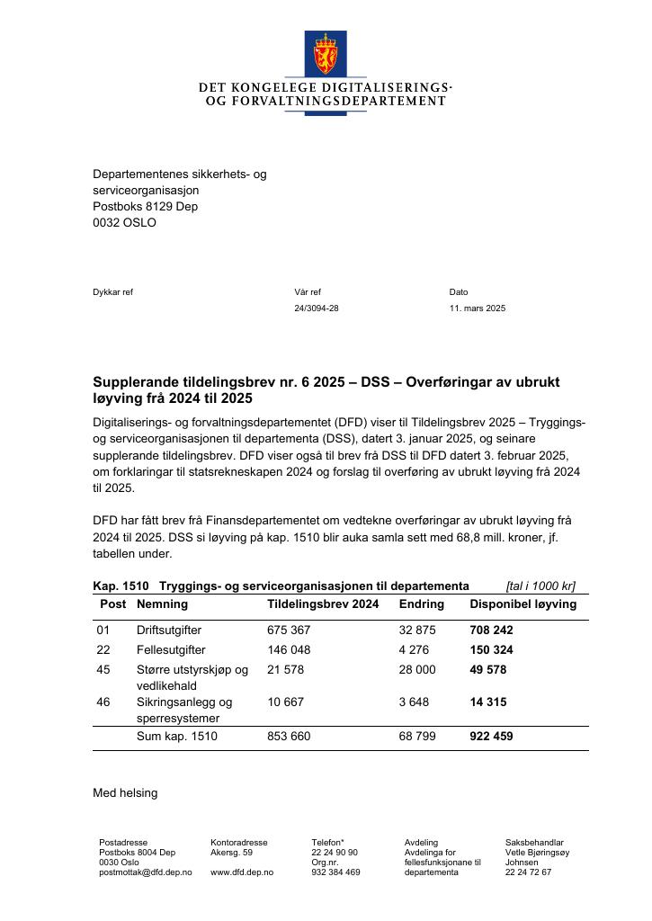Forsiden av dokumentet Tildelingsbrev Departementenes sikkerhets- og serviceorganisasjon 2025 - tillegg nr. 6