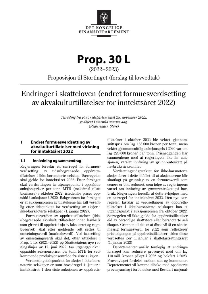 Forsiden av dokumentet Prop. 30 L (2022–2023)
