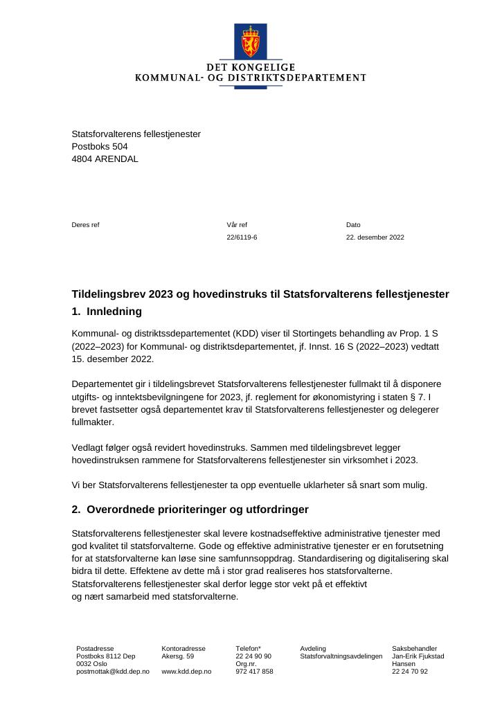 Forsiden av dokumentet Tildelingsbrev (pdf) 2023