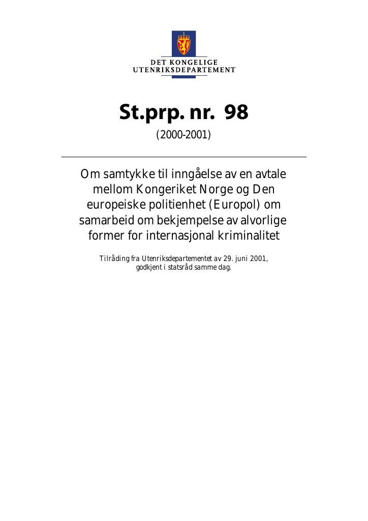 Forsiden av dokumentet St.prp. nr. 98 (2000-2001)