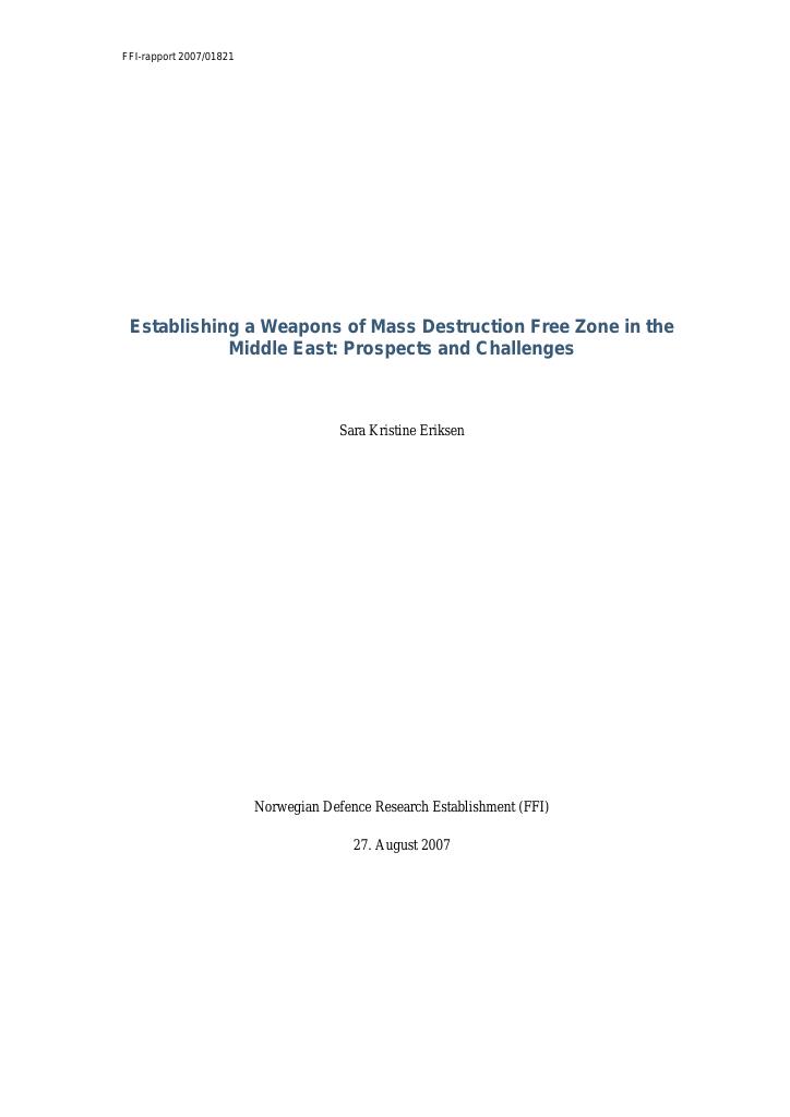 Forsiden av dokumentet Establishing a Weapons of Mass Destruction Free Zone in the Middle East : prospects and challenges