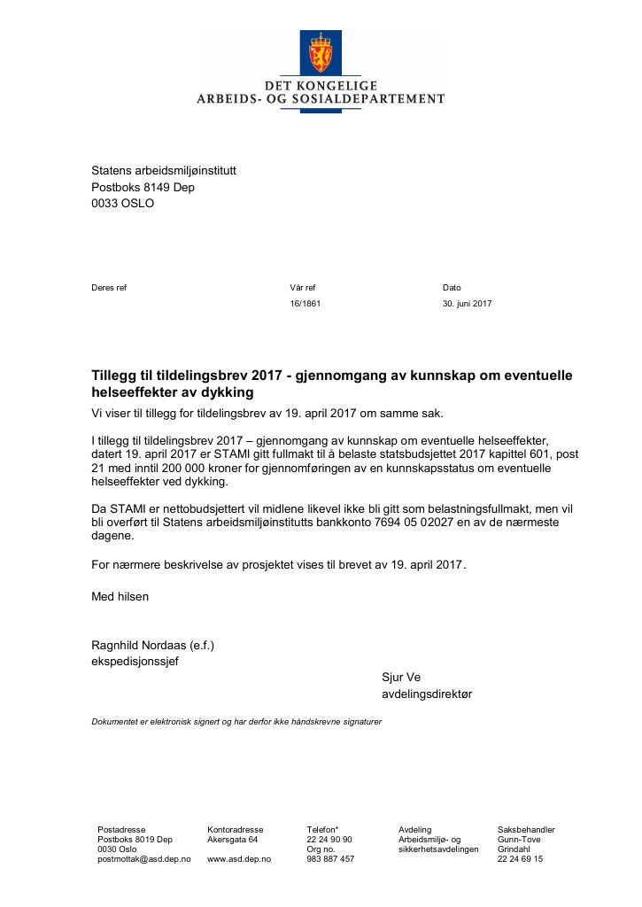 Forsiden av dokumentet Tildelingsbrev Statens arbeidsmiljøinstitutt (STAMI) 2017 - tillegg