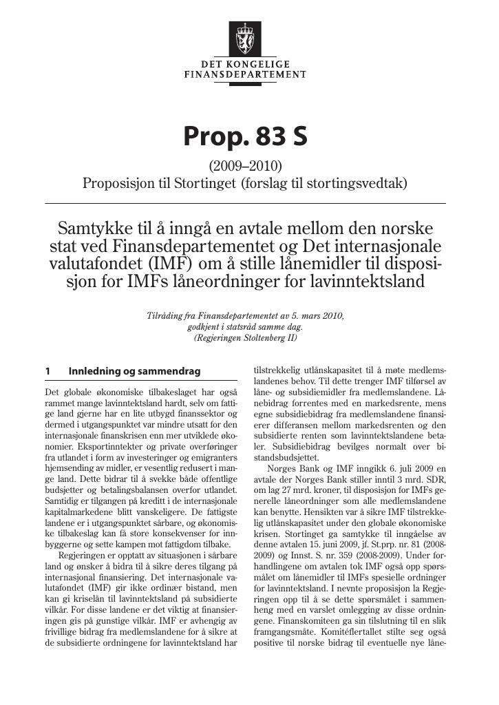 Forsiden av dokumentet Prop. 83 S (2009-2010)