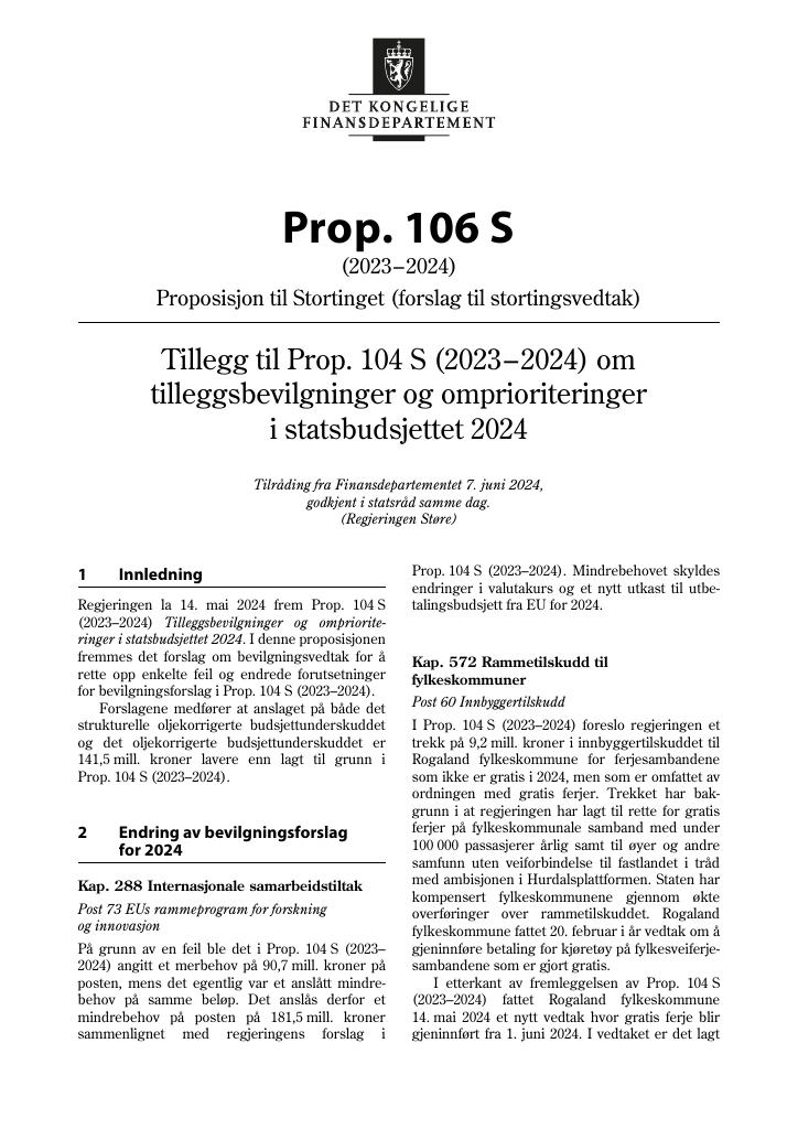 Forsiden av dokumentet Prop. 106 S (2023–2024)