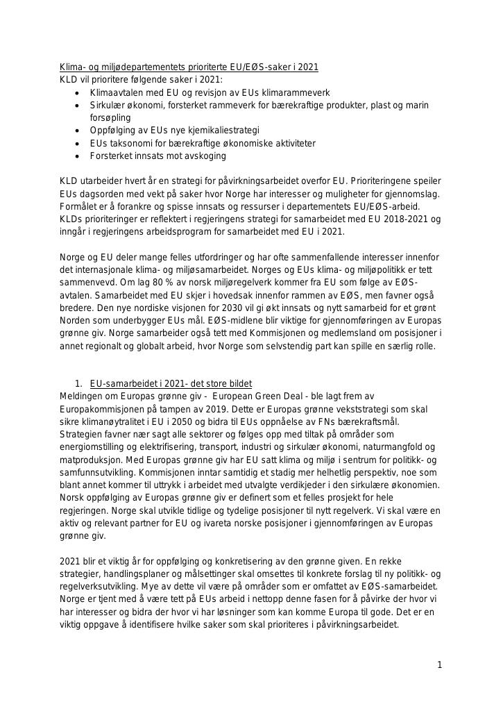 Forsiden av dokumentet Klima- og miljødepartementets prioriterte EU/EØS-saker i 2021