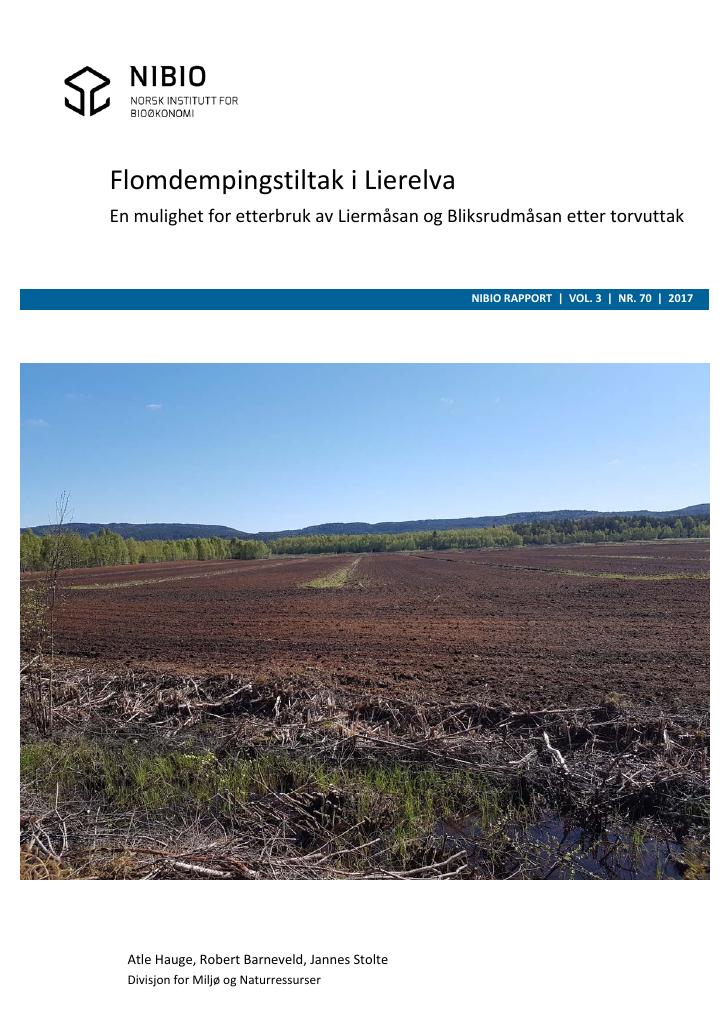Forsiden av dokumentet Flomdempingstiltak i Lierelva - En mulighet for etterbruk av Liermåsan og Bliksrudmåsan etter torvuttak