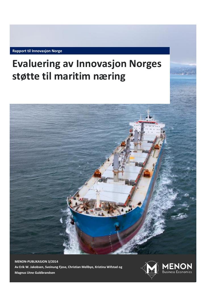 Forsiden av dokumentet Evaluering av Innovasjon Norges støtte til maritim næring