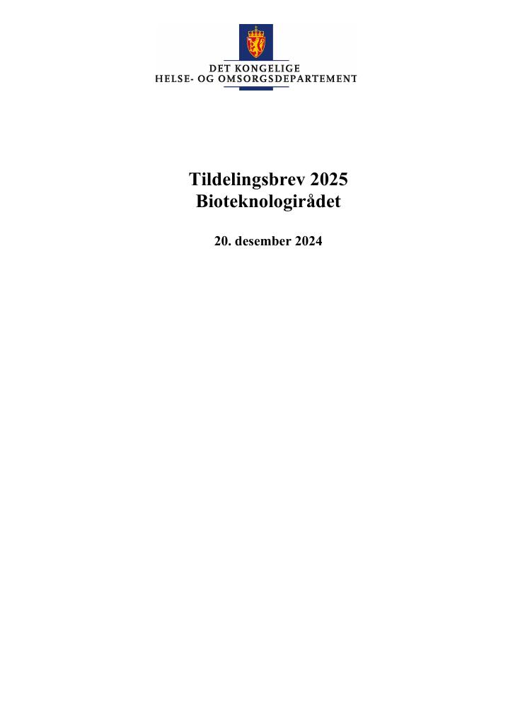 Forsiden av dokumentet Tildelingsbrev Bioteknologirådet 2025