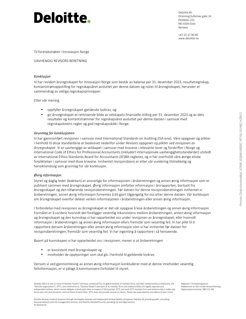 Forsiden av dokumentet Revisjonsberetning Innovasjon Norge 2023