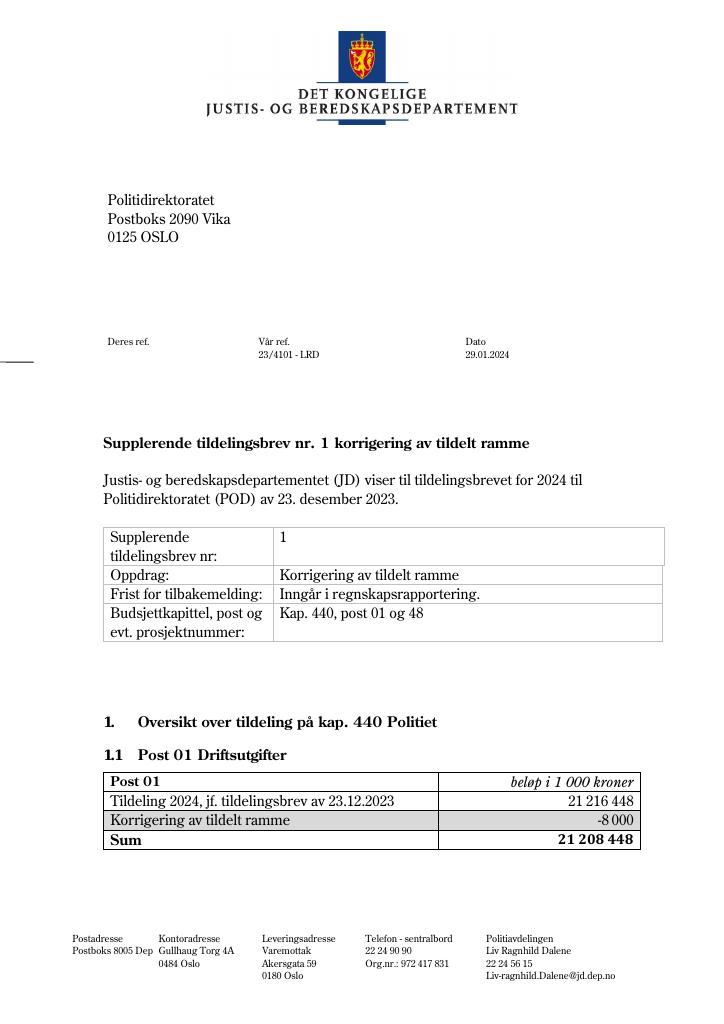 Forsiden av dokumentet Tildelingsbrev Politiet 2024 - tillegg nr. 1