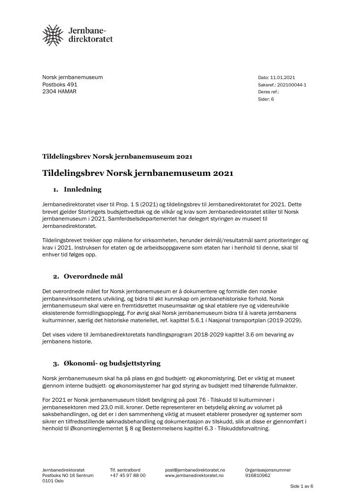 Forsiden av dokumentet Tildelingsbrev Norsk jernbanemuseum 2021