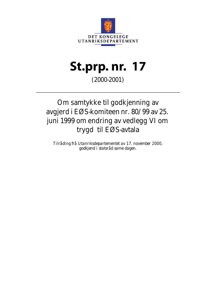 Forsiden av dokumentet St.prp. nr. 17 (2000-2001)