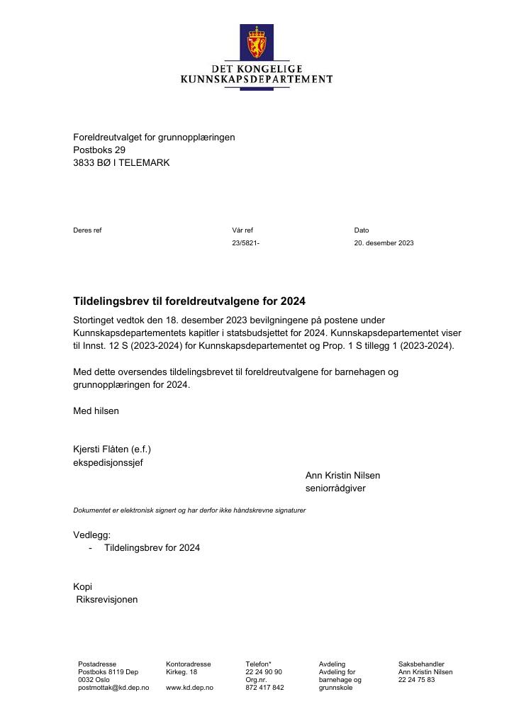 Forsiden av dokumentet Tildelingsbrev 2024