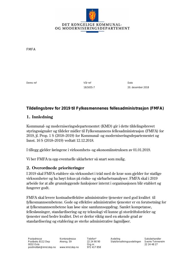 Forsiden av dokumentet Tildelingsbrev Fylkesmennenes fellesadministrasjon 2019