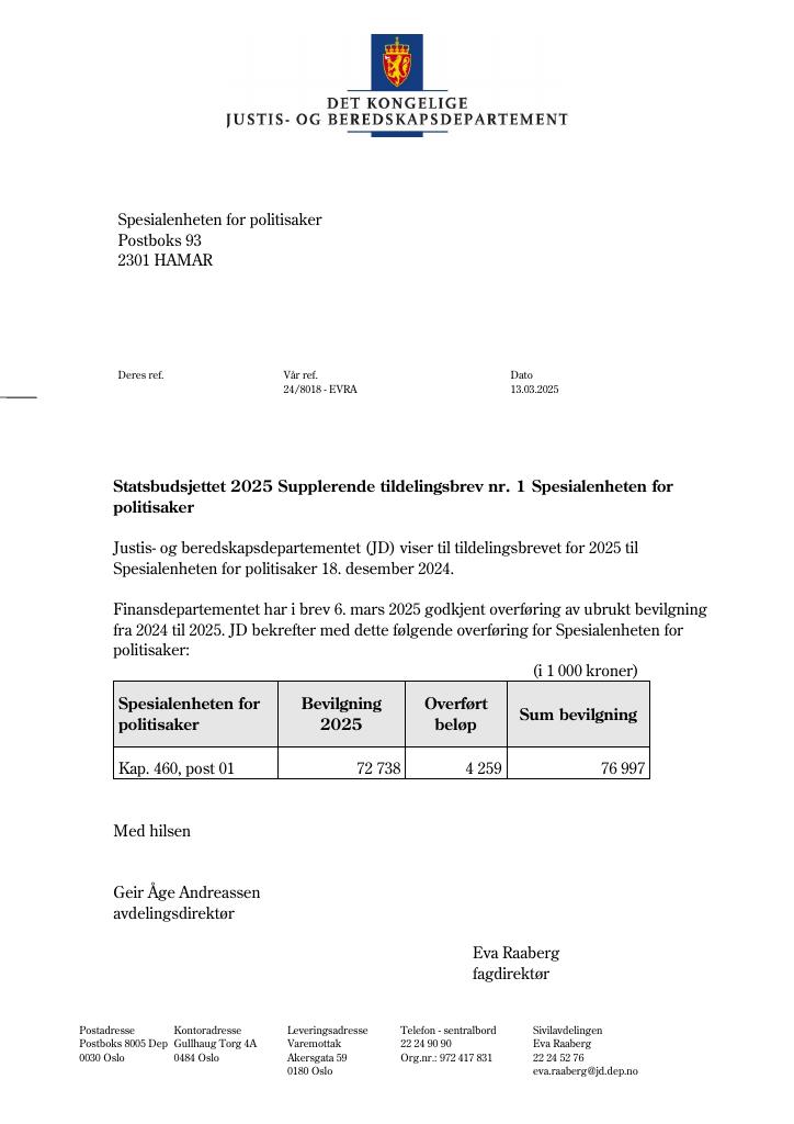 Forsiden av dokumentet Tildelingsbrev Spesialenheten for politisaker 2025 - tillegg nr. 1