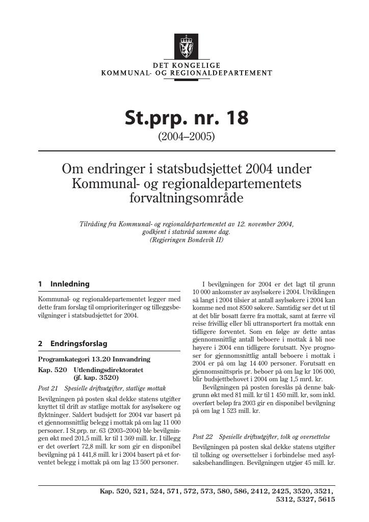 Forsiden av dokumentet St.prp. nr. 18 (2004-2005)