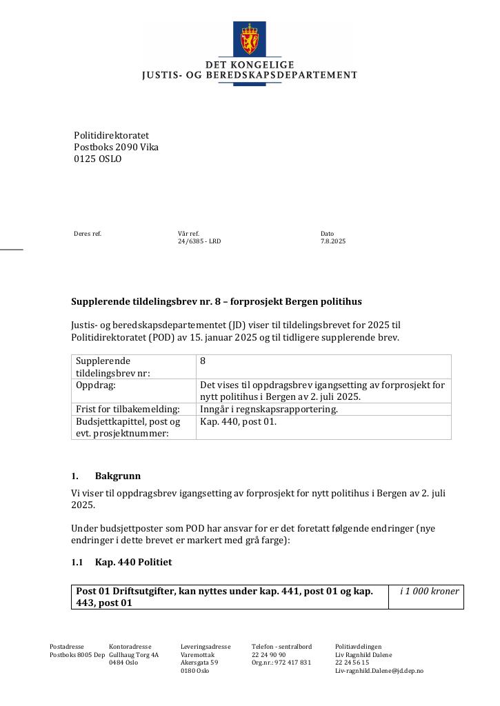 Forsiden av dokumentet Tildelingsbrev Politiet 2025 - tillegg nr. 8