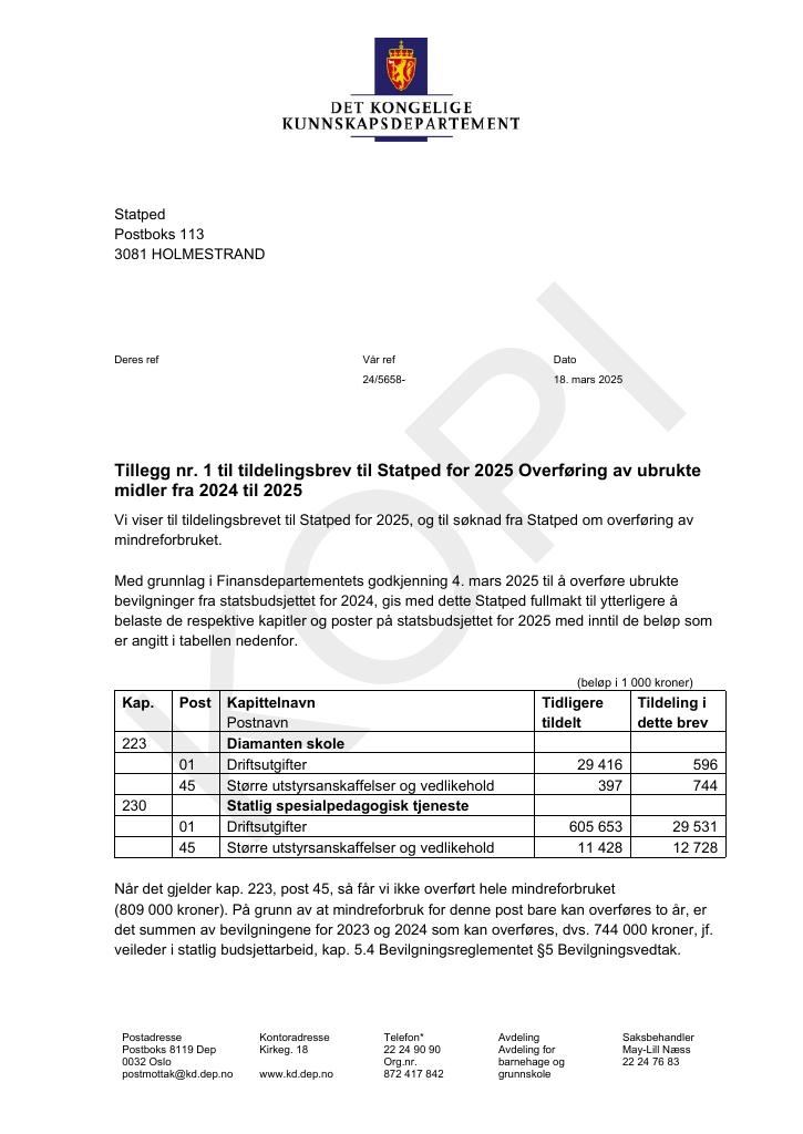 Forsiden av dokumentet Tildelingsbrev Statped 2025 - tillegg nr. 1