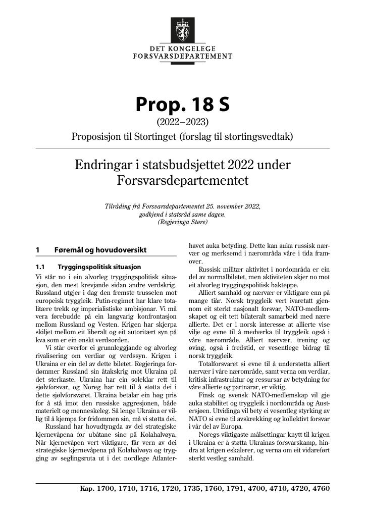 Forsiden av dokumentet Prop. 18 S (2022–2023)