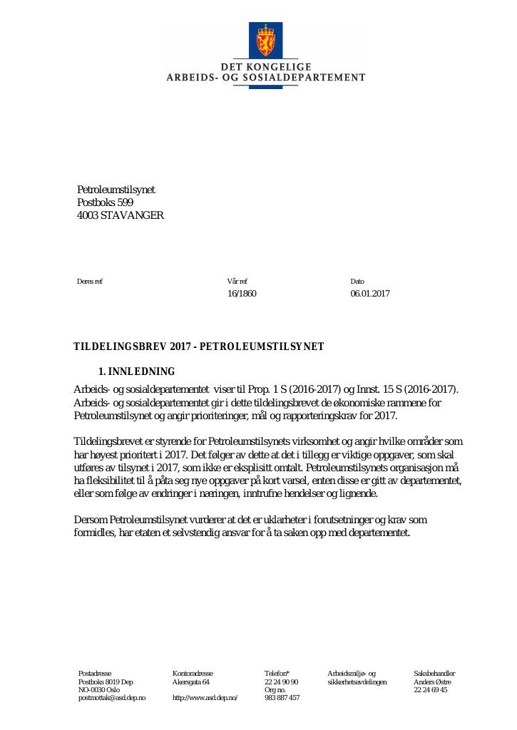 Forsiden av dokumentet Tildelingsbrev (PDF)