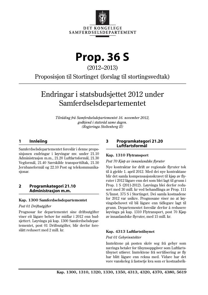 Forsiden av dokumentet Prop. 36 S (2012–2013)