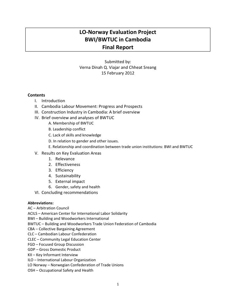 Forsiden av dokumentet Evaluation report of Building and Wood Workers International BWI/BWTUC, Cambodia