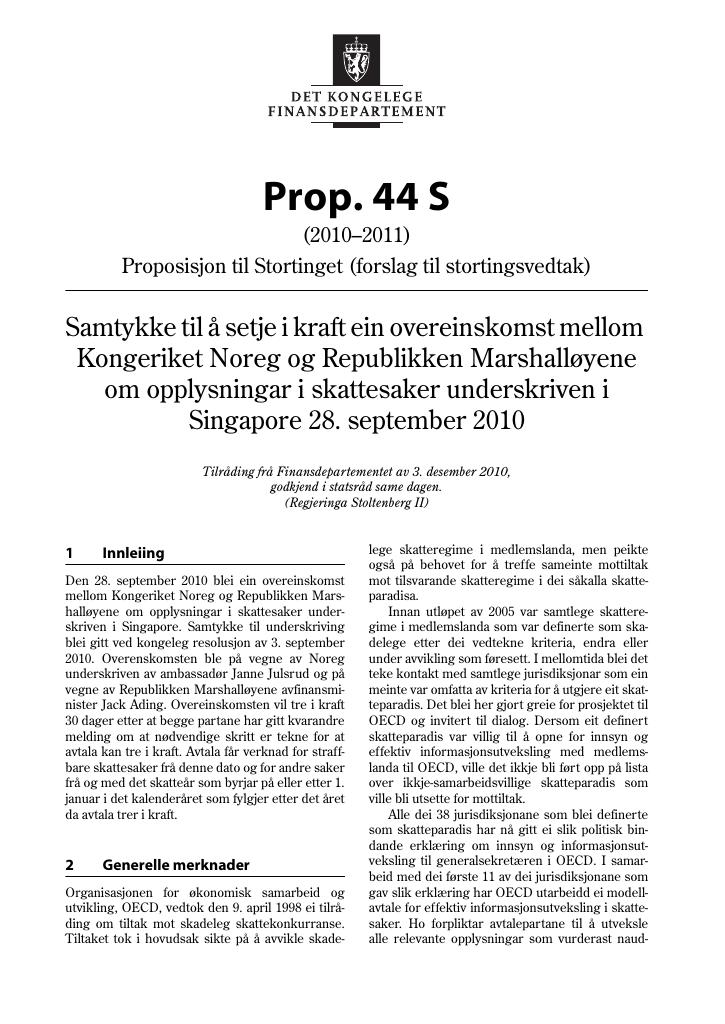 Forsiden av dokumentet Prop. 44 S (2010–2011)