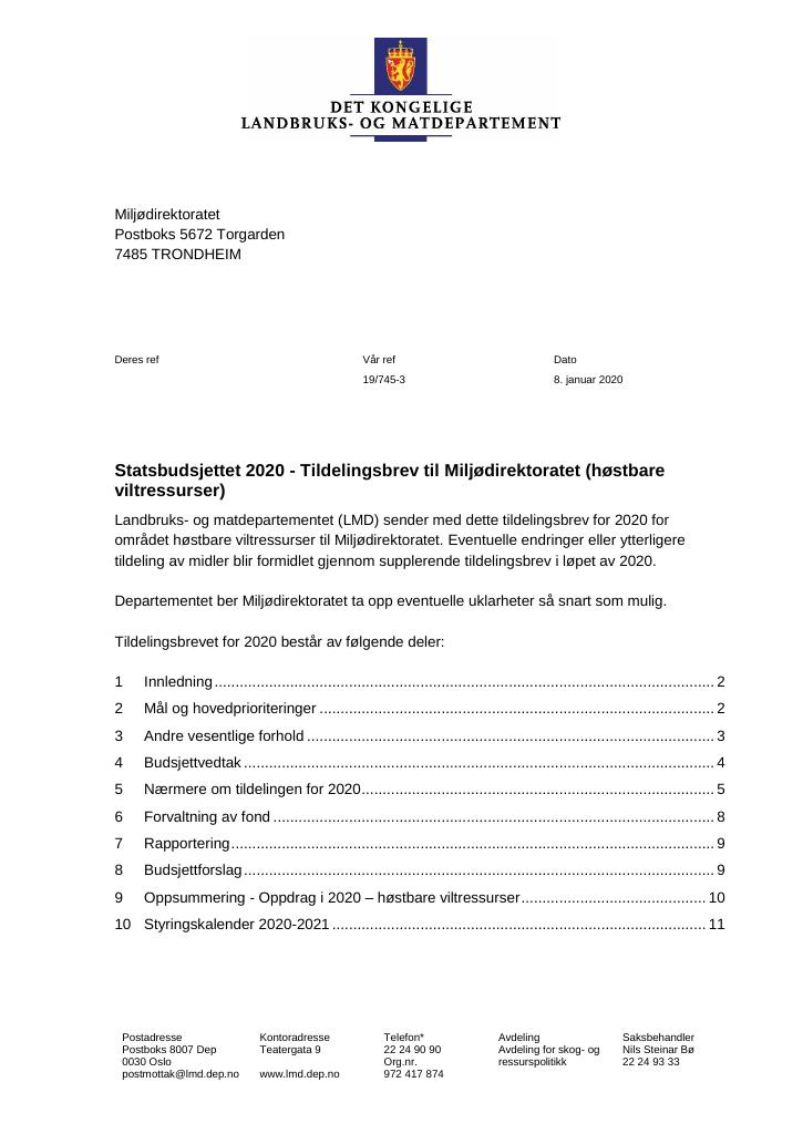 Forsiden av dokumentet Tildelingsbrev Miljødirektoratet 2020