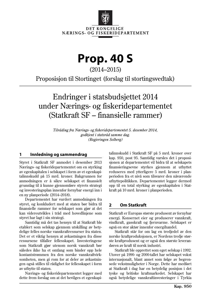 Forsiden av dokumentet Prop. 40 S (2014–2015)