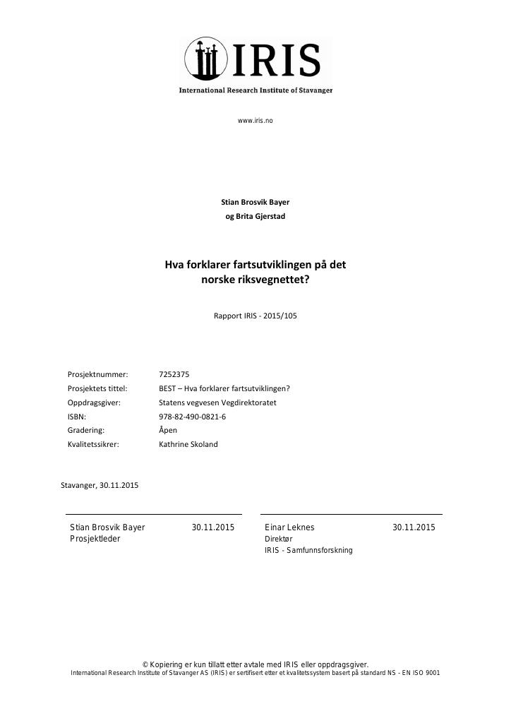 Forsiden av dokumentet Hva forklarer fartsutviklingen på det norske riksvegnettet?
