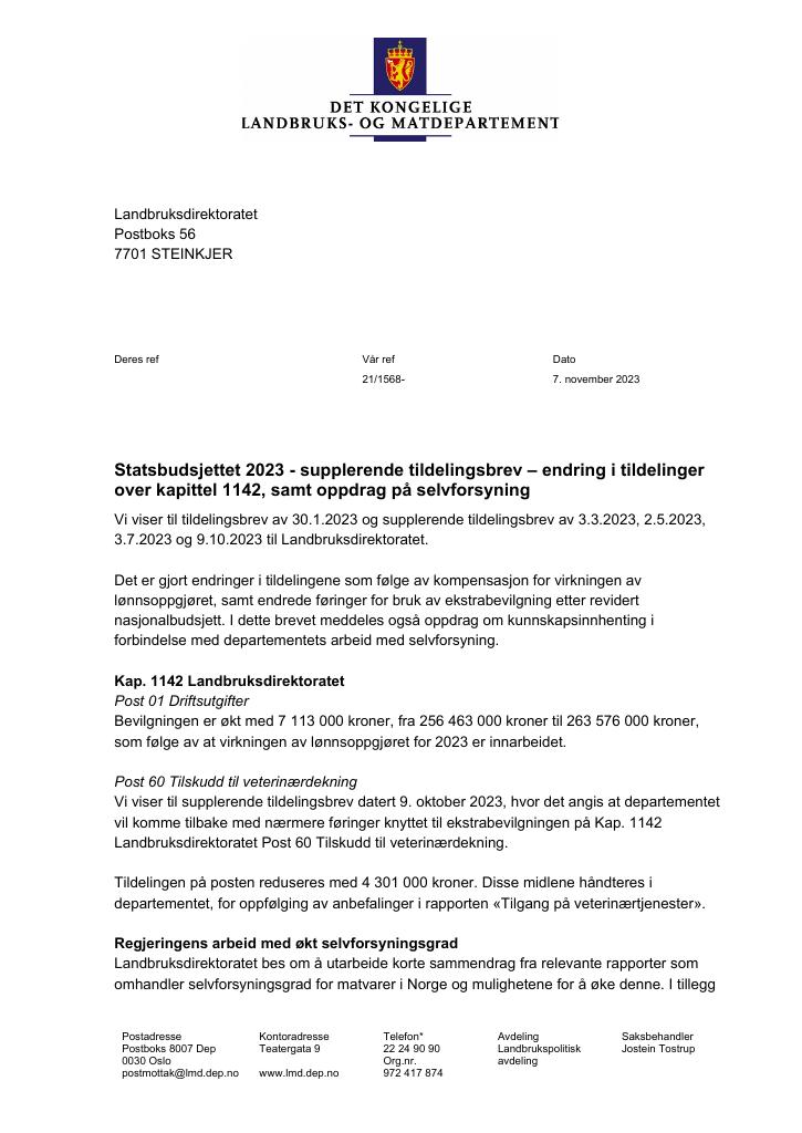 Forsiden av dokumentet Tildelingsbrev Landbruksdirektoratet 2023 - tillegg nr. 11