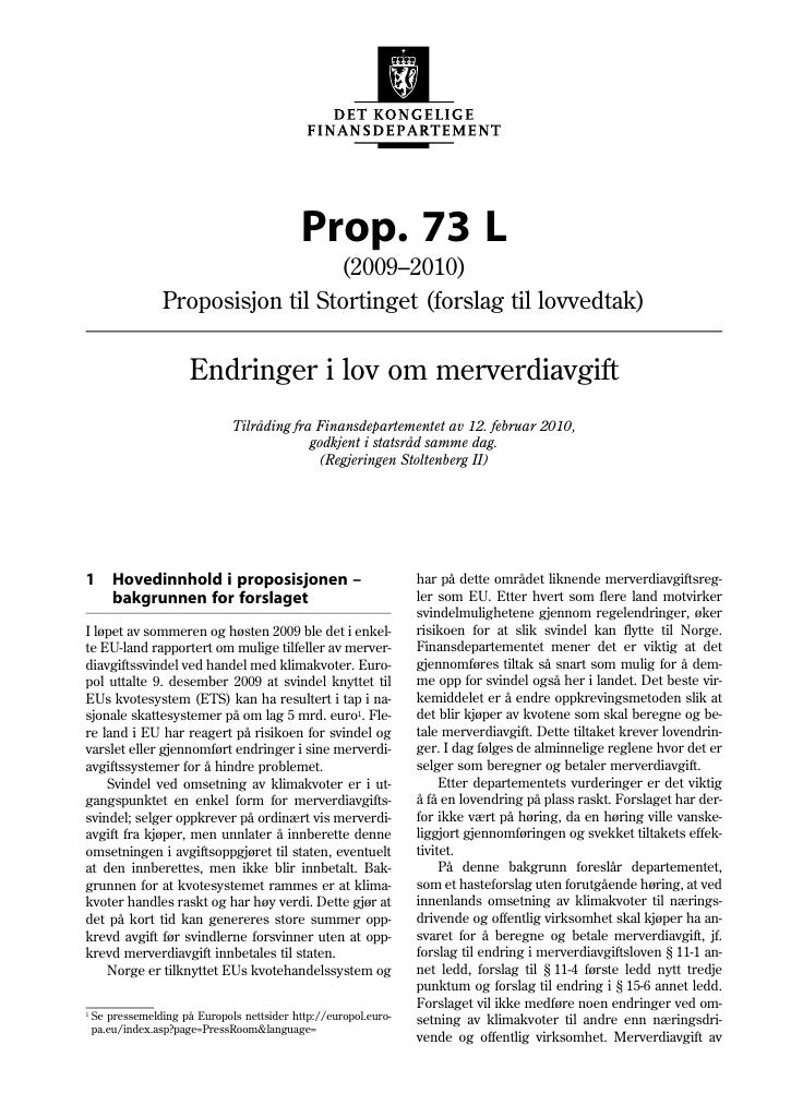 Forsiden av dokumentet Prop. 73 L (2009-2010)